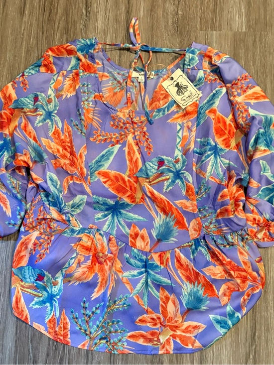 easel Tops - EASEL Lavender Tropical Floral Tie-Back Blouse with Orange Accents